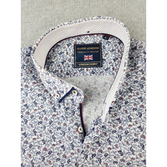 Guide London Shirt Men XL White Red Blue Geometric Floral Preppy Short Sleeve UK - Picture 12 of 14